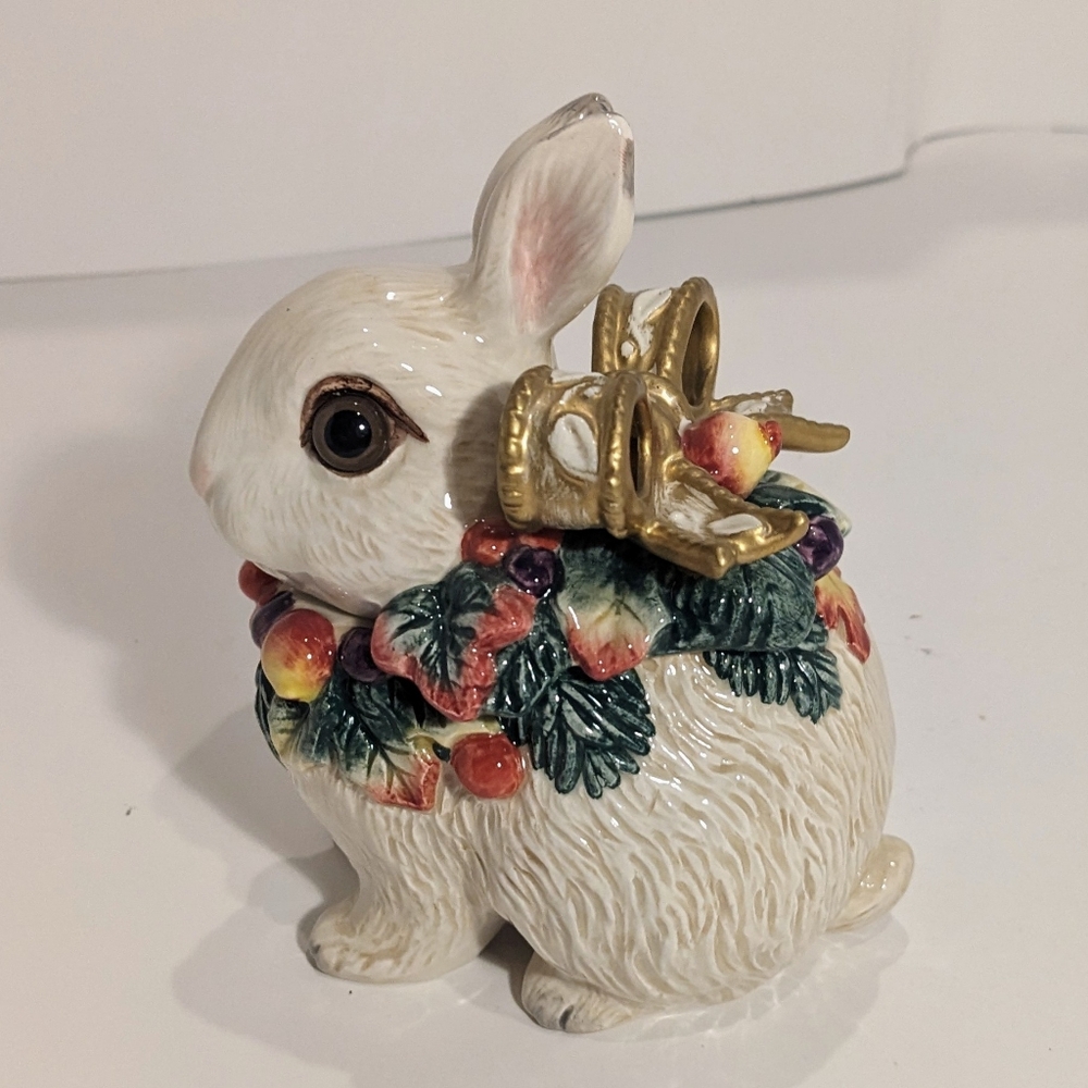 Fitz And Floyd Classics White Bunny Rabbit Trinket Dish W/Lid Gold Bow Greenery - Picture 10 of 11
